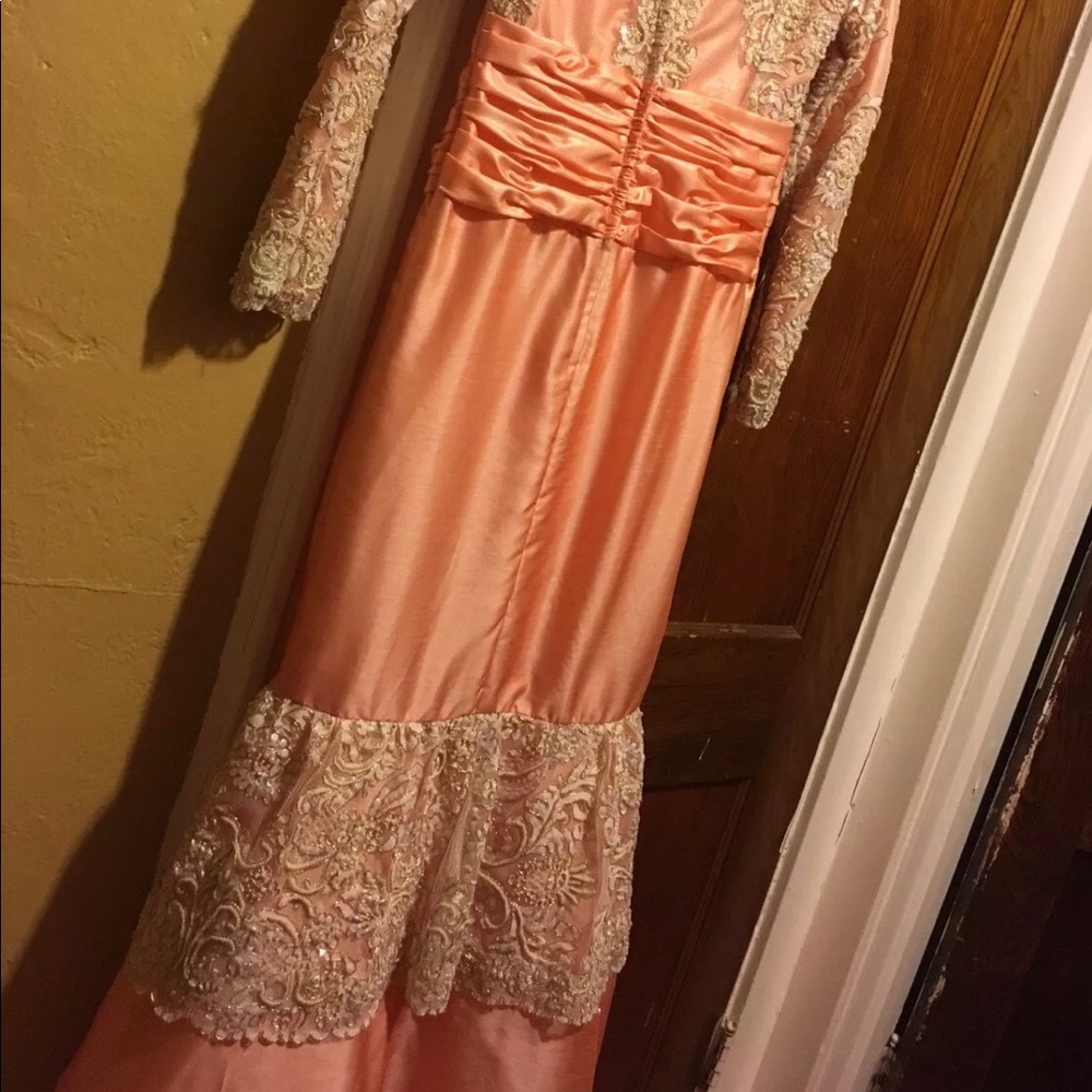 Peach and gold long sleeved dress custom made